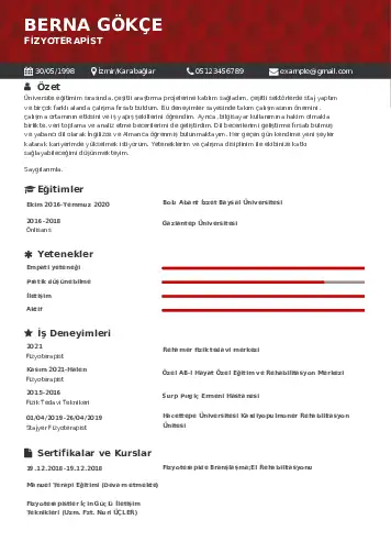 Fizyoterapist Cv Örnekleri cv indir